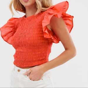 Shirred Top with Flutter Sleeve in Bright Red